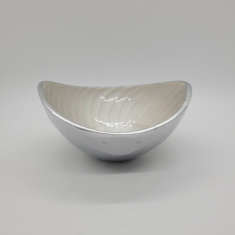 Modern Polished Aluminum Bowl White Pearlescent Enamel Swirl Interior 5 Inch